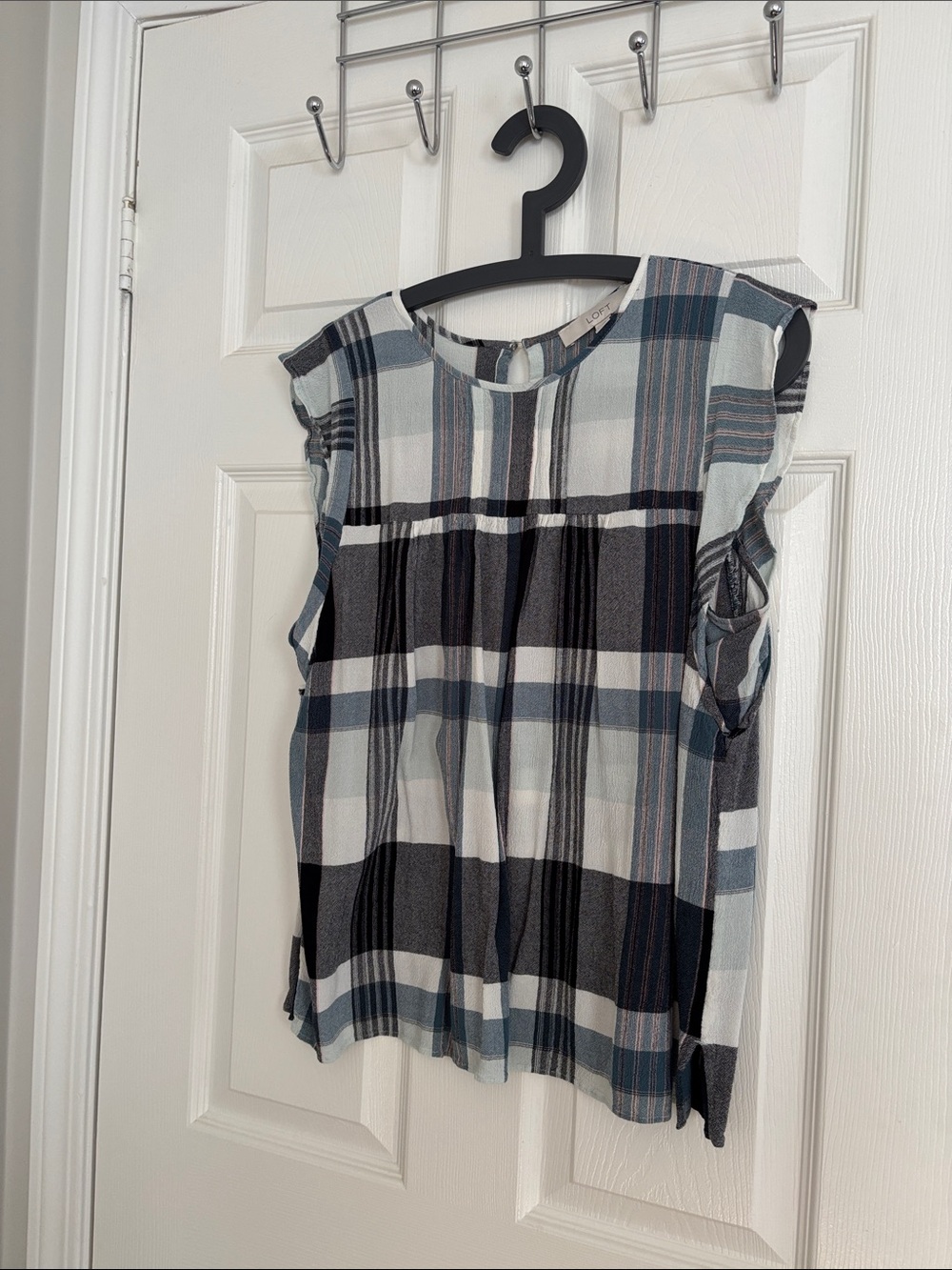 LOFT Plaid Cap-Sleeve Blouse in Black and Light Blue